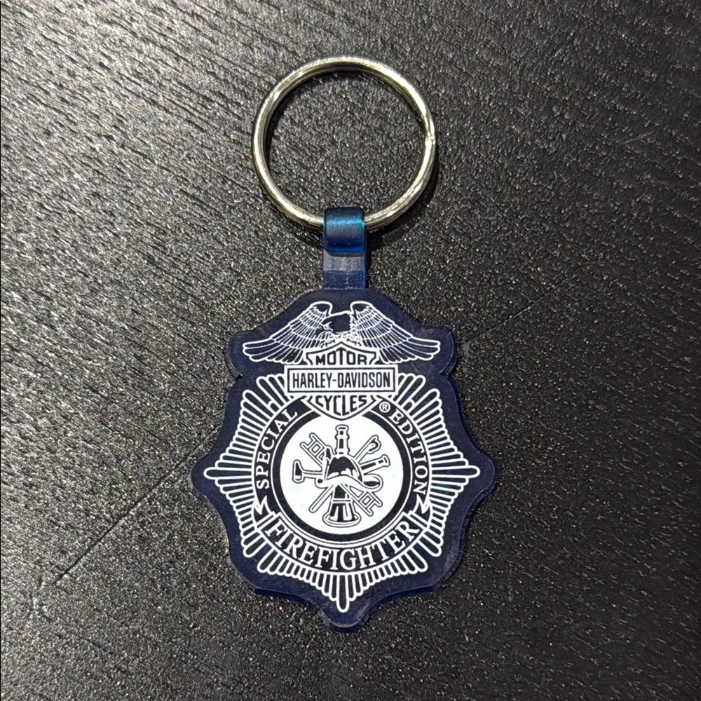 Harley-Davidson Firefighter Emblem Keychain in Blue and White